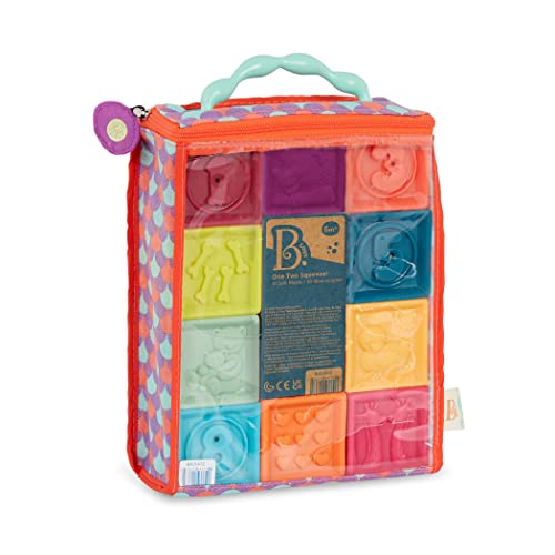 B. toys One Two Squeeze Baby - Building Blocks for Toddlers Educational Toys 6 Months and Up with Numbers, Shapes, Animals and Textures â€“ 10 Soft and Colorful Stacking Blocks