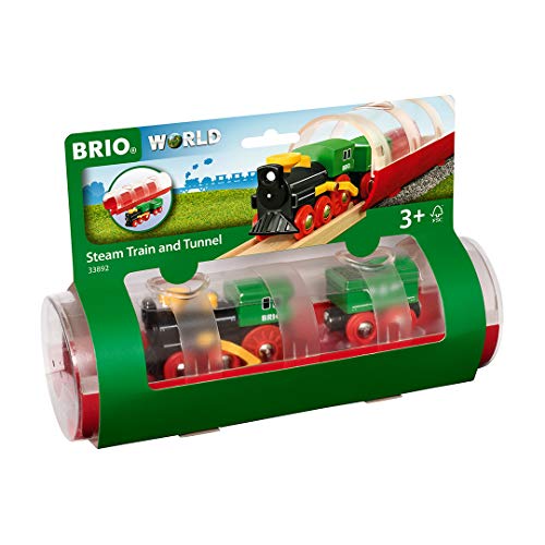 BRIO World 33892 - Steam Train and Tunnel - 3 Piece Wooden Toy Train Set for Kids Age 3 and Up