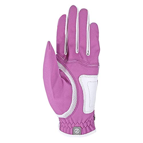 Zero Friction Ladies Compression-Fit Synthetic Golf Glove (2 Pack with Free Pack of tees), Universal Fit One Size, White/Lavender