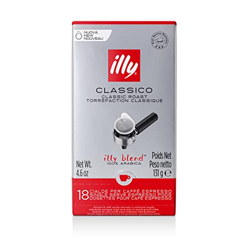 Illy Classico E.S.E. Pods , Medium Roast, Classic Roast with Notes of Chocolate and Caramel, 100% Arabica Coffee, All-Natural, No Preservatives, 18 Count (Pack of 1)