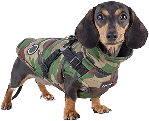 Puppia Mountaineer Winter Dog Coat with integrated harness No Pull Cold Weather Waterproof Warm Fleece Back Zipper for Small and Medium Dog, CAMO, Large