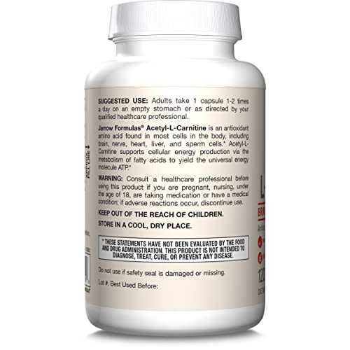 Jarrow Formulas Acetyl L-Carnitine 500 mg - Antioxidant Protection for the Brain - Supports Energy Production and Metabolism - Heart and Cardiovascular Health - 120 Veggie Capsules (PACKAGING MAY VARY)