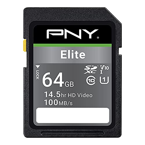 PNY 64GB Elite Class 10 U1 V10 SDXC Flash Memory Card - 100MB/s, Class 10, U1, V10, Full HD, UHS-I, Full Size SD