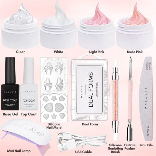 Makartt Solid Builder Nail Gel Kit Nail Extension,All in One Spring Hard Gel Nail Kit Gel Base Top Coat UV LED Nail Lamp Nail File Dual Forms Gel Picker Cuticle Pusher Silicone Molds Sculpting Brush