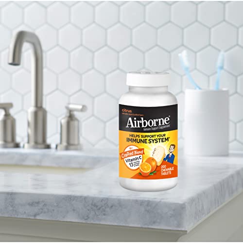 Airborne 1000mg Chewable Tablets with Zinc, Immune Support Supplement with Powerful Antioxidants Vitamins A C and E - 200 Tablets, Citrus Flavor