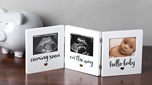 Pearhead Triple Sonogram Keepsake Photo Frame, Baby Ultrasound Tabletop Picture Frame, Gender-Neutral Baby Nursery Décor, Pregnancy to Newborn Photo Frame, White