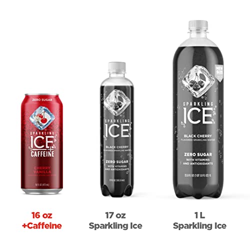 Sparkling Ice +Caffeine Cherry Vanilla Sparkling Water with Caffeine, Zero Sugar, with Antioxidants and Vitamins, Zero Sugar, 16 fl oz Cans (Pack Of 12)