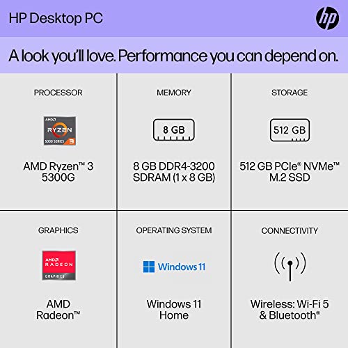 HP Desktop PC, AMD Ryzen 3 5300G, 8 GB SDRAM, 512 GB SSD, AMD Radeon Graphics, Windows 11 Home, M01-F3020 (2022)