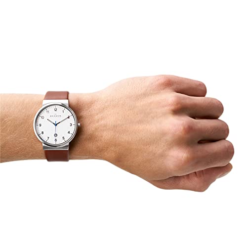Skagen Men's Ancher Quartz Analog Stainless Steel and Leather Watch, Color: Silver/Brown (Model: SKW6082)