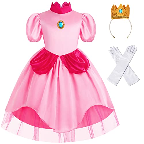 Oskiner Princess Peach Costume for Girls,Super Brothers Princess Peach Dress for Kids Cosplay Halloween Party Dress Up (3-4T)