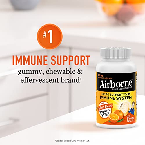 Airborne 1000mg Chewable Tablets with Zinc, Immune Support Supplement with Powerful Antioxidants Vitamins A C and E - 200 Tablets, Citrus Flavor