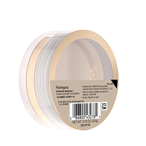 Neutrogena Mineral Sheers Lightweight Loose Powder Makeup Foundation with Vitamins A, C, and E, Sheer to Medium Buildable Coverage, Skin Tone Enhancer, Face Redness Reducer, Classic Ivory 10.19 oz