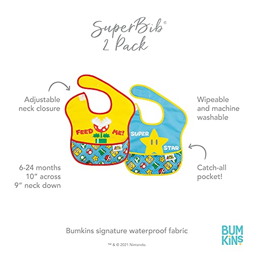 Bumkins Nintendo Super Mario SuperBib, Baby Bib, Waterproof, Washable, Stain and Odor Resistant, 6-24 Months (Pack of 2)