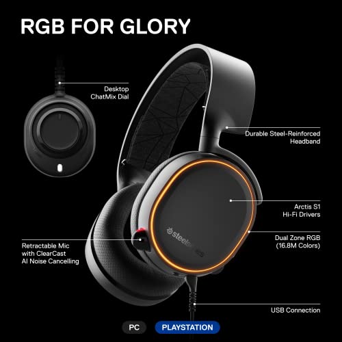 SteelSeries Arctis 5 - RGB Illuminated Gaming Headset with DTS Headphone: X v2.0 Surround - for PC and PlayStation 4 - Black