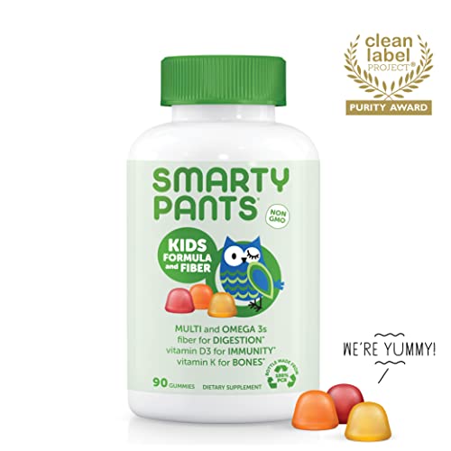 SmartyPants Kids Formula and Fiber Daily Gummy Vitamins: Gluten Free, Multivitamin and Omega 3 Fish Oil (Dha/Epa), Fiber, Methyl B12, vitamin D3, Vitamin B6, 90 Count (22 Day Supply) - Packaging May Vary