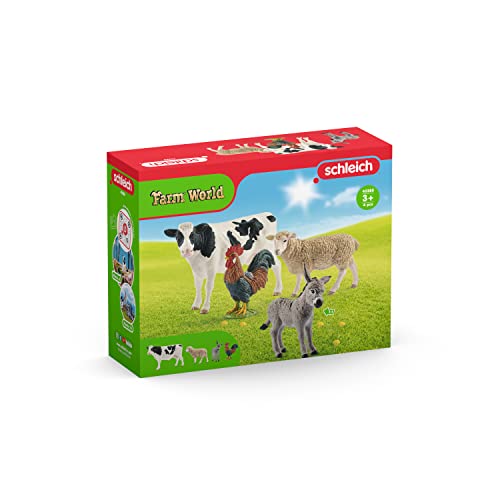 Schleich Farm Animal Toys and Playsets - Farm World 4 Piece Starter Set with Cow, Rooster, Sheep, and Donkey Figurine, Farming Action Figures and Accessories for Kids Ages 3 and Above
