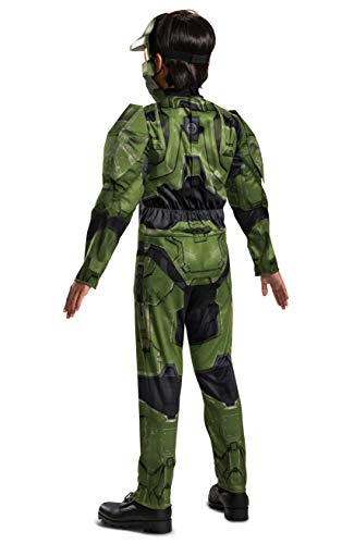 Halo Infinite Master Chief Costume, Kids Size Muscle Padded Video Game Inspired Character Jumpsuit, Child Size Large (10-12), Green and Black