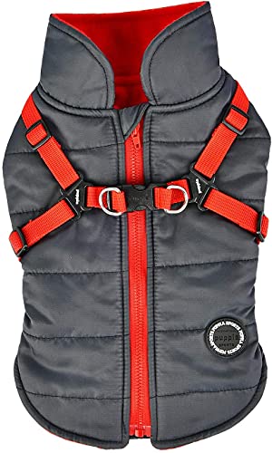 Puppia Mountaineer Winter Dog Coat with Integrated Harness No Pull Cold Weather Waterproof Warm Fleece Back Zipper for Small and Medium Dog, Grey, Medium