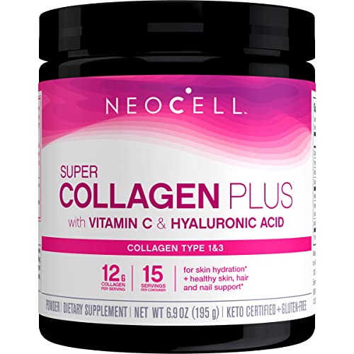 NeoCell Super Collagen Powder, Collagen Plus includes Vitamin C and Hyaluronic Acid, Promotes Healthy Hair, Beautiful Skin, and Nail Support, Collagen Type 1 and 3, 12g Collagen Peptdes per Serving, 6.9 Oz