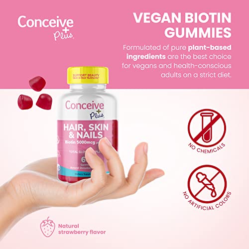 CONCEIVE PLUS Hair Skin and Nails Gummies - Extra-Strength Biotin, VIT A, C, D3, E Vitamins - Vegan, Hair Growth Supplement - Gelatin-Free - 60 Count