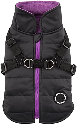 Puppia Mountaineer Winter Dog Coat with integrated harness No Pull Cold Weather Waterproof Warm Fleece Back Zipper for Small and Medium Dog, BLACK, Large