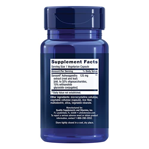 Life Extension Optimized Ashwagandha – Withania Somnifera Extract 125mg - For Stress Relief, Focus, Energy Management, Healthy Brain and Memory - Gluten-free – Non-GMO – 60 Veg Caps