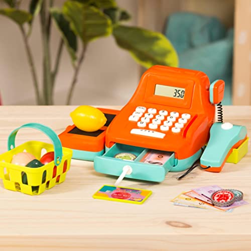 Battat Cash Register Toy Playset – Pretend Play Kids Calculator Cash Register with Accessories for 3+ (26-Pieces), Orange