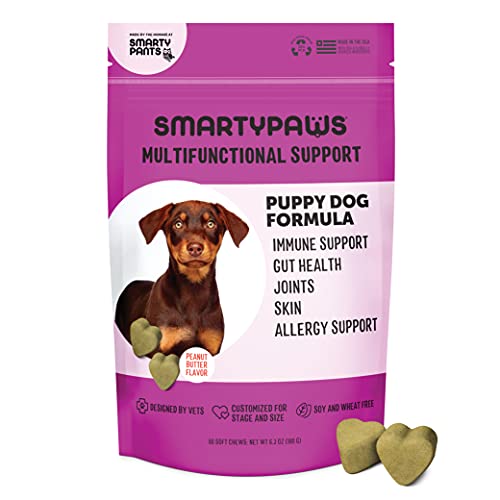 SmartyPants Dog Vitamins and Supplements, Multivitamin with Glucosamine, Chondroitin, and Probiotics for Joint, Skin, and Gut Support, Peanut Butter Flavor, 60 Soft Chews by SmartyPaws