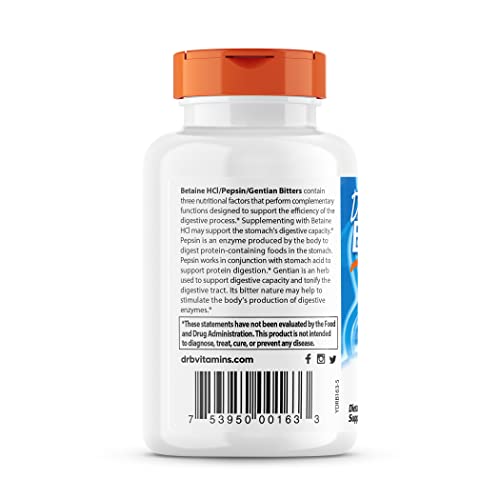 Doctor's Best Betaine HCI Pepsin and Gentian Bitters, Digestive Enzymes for Protein Breakdown and Absorption, Non-GMO, Gluten Free, 120 Caps, Original Version (DRB-00163)