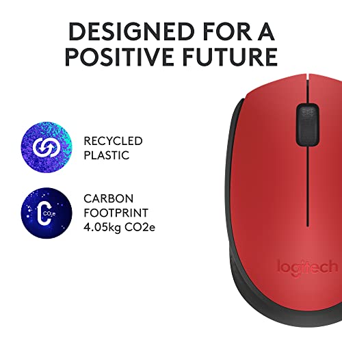 Logitech M170 Wireless Mouse for PC, Mac, Laptop, 2.4 GHz with USB Mini Receiver, Optical Tracking, 12-Months Battery Life, Ambidextrous - Red
