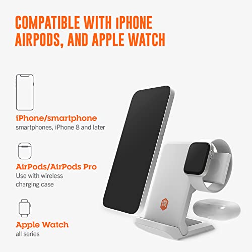 STM ChargeTree Go - Portable 3-in-1 Wireless Charging Station for iPhone/Samsung/Android (15W/7.5W), AirPods (5W), Apple Watch (3W) - Qi Certified Charging Stand - White (stm-931-322Z-01)