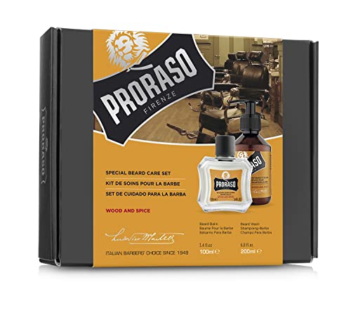 Proraso Beard Care Kit for Men | Beard Wash and Beard Balm to Cleanse, Soften and Reduce Itch for New or Short Beards | Wood and Spice Fragrance