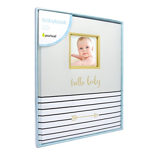 Pearhead Hello Baby, First 5 Years Baby Memory Book with Photo Insert, Baby Keepsake, Baby Nursery, Gray