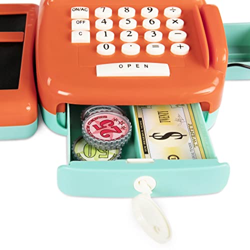 Battat Cash Register Toy Playset – Pretend Play Kids Calculator Cash Register with Accessories for 3+ (26-Pieces), Orange