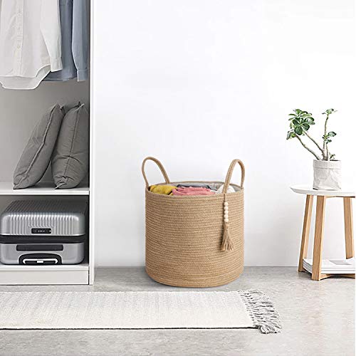 Mkono Woven Storage Basket Decorative Rope Basket Wooden Bead Decoration for Blankets,Toys,Clothes,Shoes,Plant Organizer Bin with Handles Living Room Home Decor, Jute, 16' W × 13.8'L
