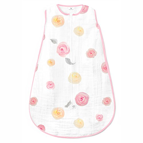 Amazing Baby Cotton Muslin Sleeping Sack, For Baby Girl, Wearable Blanket with 2-way Zipper, Watercolor Roses, Pink, Small (0-6 Month)