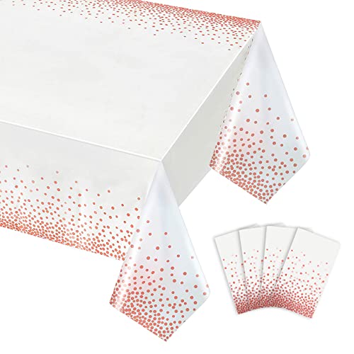 Gexolenu,4 Pack, White and Rose Gold Tablecloth Plastic, Table Cover for Parties, Dot Confetti Pattern Table Cloths for Rectangle Tables, Fit for All Birthday Party, Wedding, Anniversary, 54' x 108'
