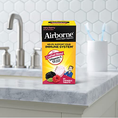 Airborne 1000mg Vitamin C Chewable Tablets with Zinc, Immune Support Supplement with Powerful Antioxidants Vitamins A C and E - 64 Chewable Tablets, Very Berry Flavor