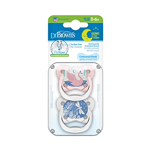 Dr. Brown's PreVent Orthodontic Baby Pacifier, Suction Free Air Channel, Contoured Butterfly Shield is Gentle on Face, Made in USA, Stage 1, 0-6m, 2-Pack, Glow in the Dark - Pink