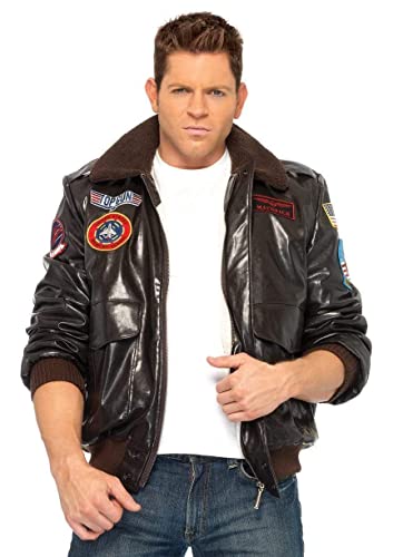 Leg Avenue Top Gun Bomber Faux Leather Halloween Costume Flight Jacket for Men, Brown, Medium