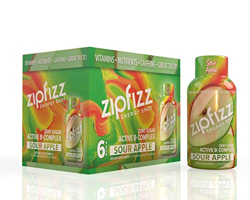 Zipfizz 2oz Energy Shot - Sour Apple Flavor | Hydrating Electrolyte Drinks w/Liquid B12, Caffeine, Ginseng, and Vitamins | Low Carb, Gluten Free, Sugar Free Energy Drink (6 Pack)
