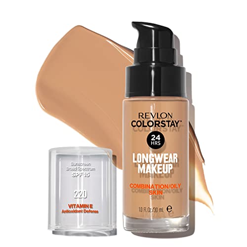 Liquid Foundation by Revlon, ColorStay Face Makeup for Combination and Oily Skin, SPF 15, Medium-Full Coverage with Matte Finish, Natural Beige ((220), 1.0 oz