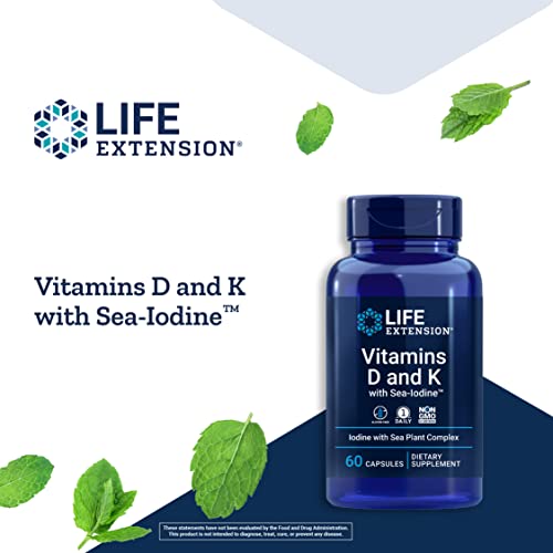 Life Extension Vitamins D and K with Sea-Iodine – Bone, Brain, Thyroid and Arterial Support – Non-GMO, Once Daily, Gluten-Free – 60 Capsules