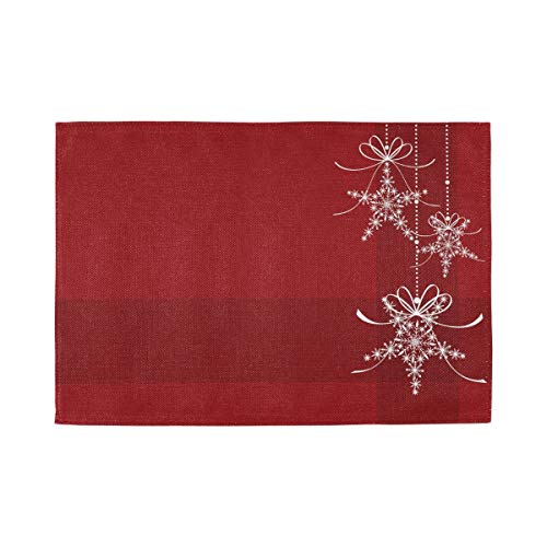 Placemats Elegance Christmas Snowflakes Dining Table Placemats Set of 6 Heat Resistant Kitchen Table Mats Washable Woven Linen-Like Polyester 18X12 Inch Red