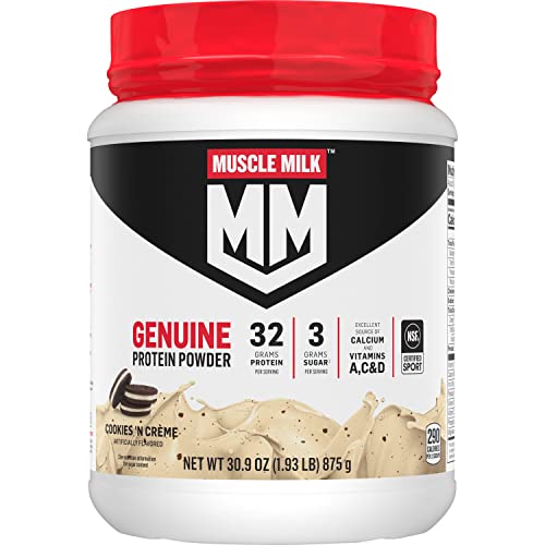 Muscle Milk Genuine Protein Powder, Cookies 'N Crème, 1.93 Pounds, 12 Servings, 32g Protein, 3g Sugar, Calcium, Vitamins A, C and D, NSF Certified for Sport, Energizing Snack, Packaging May Vary