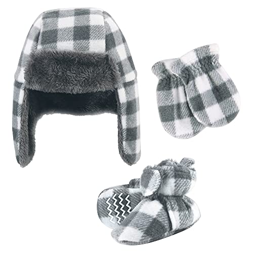 Hudson Baby Baby Trapper Hat, Mitten and Bootie Set, Charcoal White Plaid, 6-12 Months