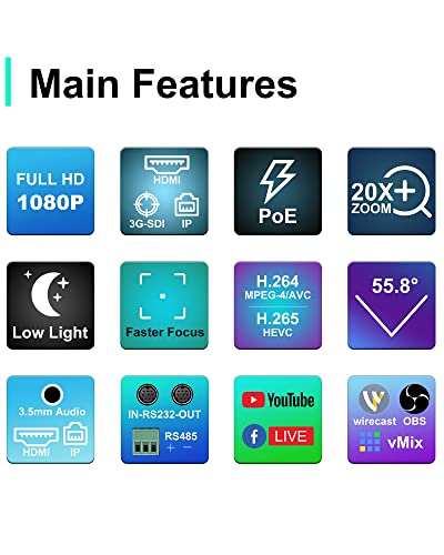 FoMaKo PTZ Camera HDMI 20x Optical Zoom 3G-SDI IP Live Streaming Camera, True to Life Colors, PoE Supports, HDMI PTZ Camera for Church Services Worship Education vMix OBS Wirecast (Black)