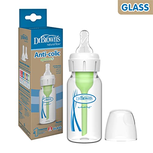 Dr. Brown’s Natural Flow® Anti-Colic Options+™ Narrow Glass Baby Bottle 4 oz/120 mL, with Level 1 Slow Flow Nipple, 1 Pack, 0m+