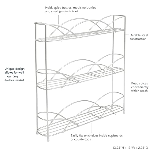 Freestanding Countertop or Wall Mount 3-Tier Spice Rack Organizer for Storing Bottles of Spices, Sauce, Dressing, Condiments, Vitamins and More, Great for Kitchen, Cupboards, Cabinet, Pantry, Silver