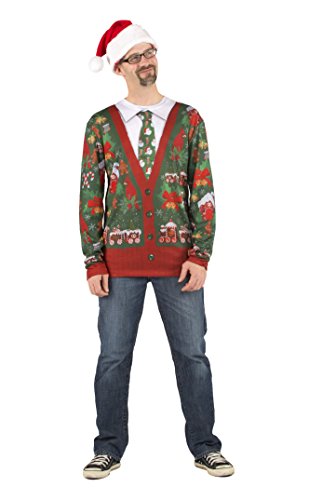 Faux Real Men's 3D Photo-Realistic Ugly Christmas Sweater Long Sleeve T-Shirt, Red and Green, Large